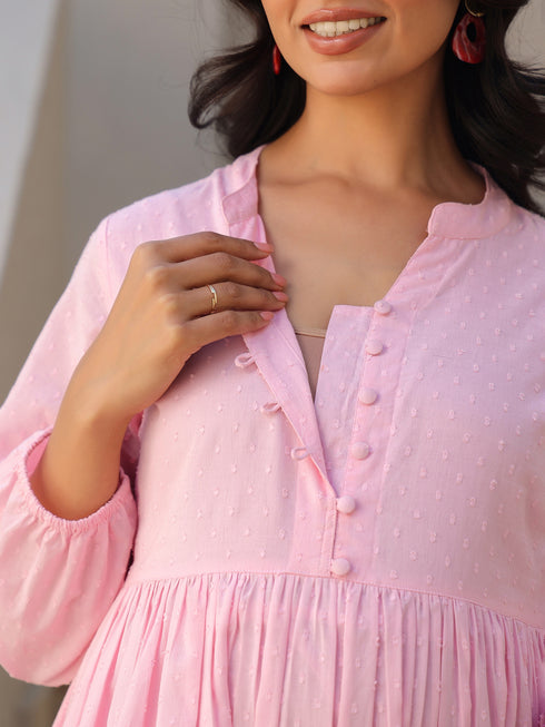 Light Pink Dobby Pure Cotton Self Design A-line Maternity Kurta Pant Set